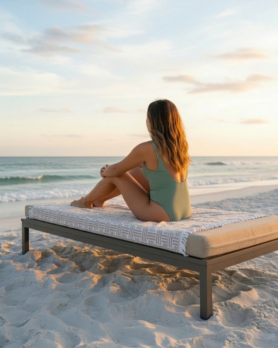 Woman sitting on a beach bed at sunset, facing the ocean.